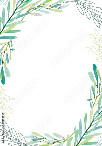 Watercolor card with forest branches and leaves inspired by garden greenery and plants. Botanic composition for greeting cards  wedding invitations  floral poster. Doodle leaves.