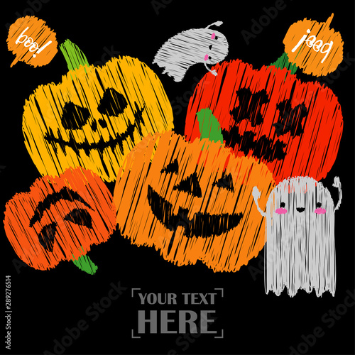 Happy Halloween Card! Pumpkins and Kawaii ghosts. Halloween pumpkins smile. Doodle and  brushwork. Can be used for wallpaper, textile, invitation card, wrapping, web page background.