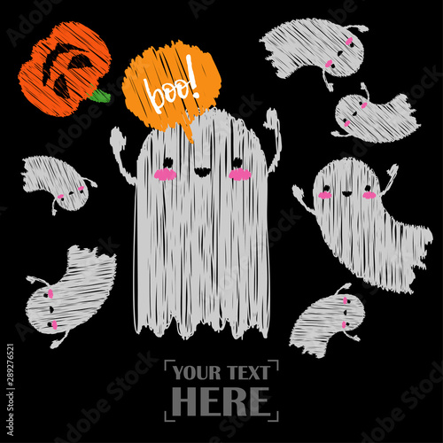 Happy Halloween Card! Pumpkins and Kawaii ghosts. Halloween pumpkins smile. Doodle and  brushwork. Can be used for wallpaper, textile, invitation card, wrapping, web page background.