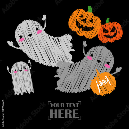 Happy Halloween Card! Pumpkins and Kawaii ghosts. Halloween pumpkins smile. Doodle and  brushwork. Can be used for wallpaper, textile, invitation card, wrapping, web page background.