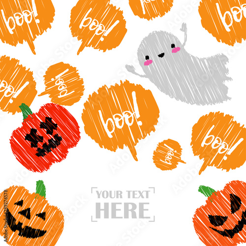 Happy Halloween Card! Pumpkins and Kawaii ghosts. Halloween pumpkins smile. Doodle and  brushwork. Can be used for wallpaper, textile, invitation card, wrapping, web page background.