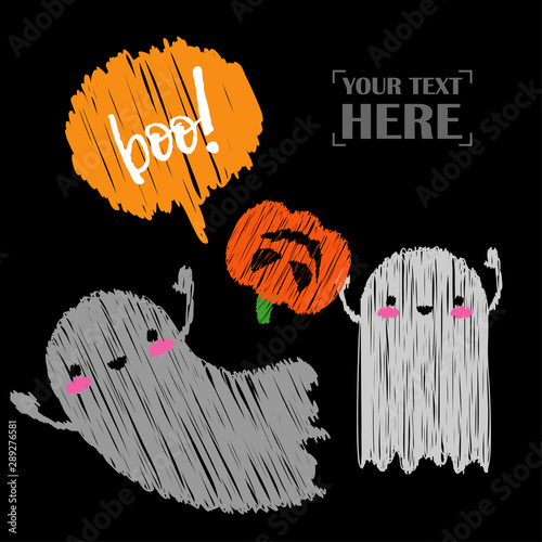 Happy Halloween Card! Pumpkins and Kawaii ghosts. Halloween pumpkins smile. Doodle and  brushwork. Can be used for wallpaper, textile, invitation card, wrapping, web page background.
