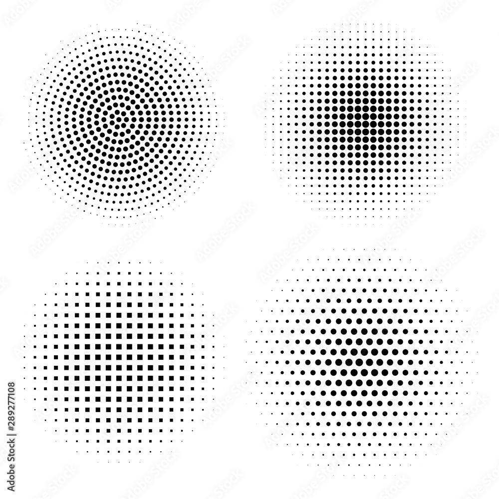 Vector set of halftone design elements. Abstract circles with dotted gradient halftone effect. Black dots on a white background
