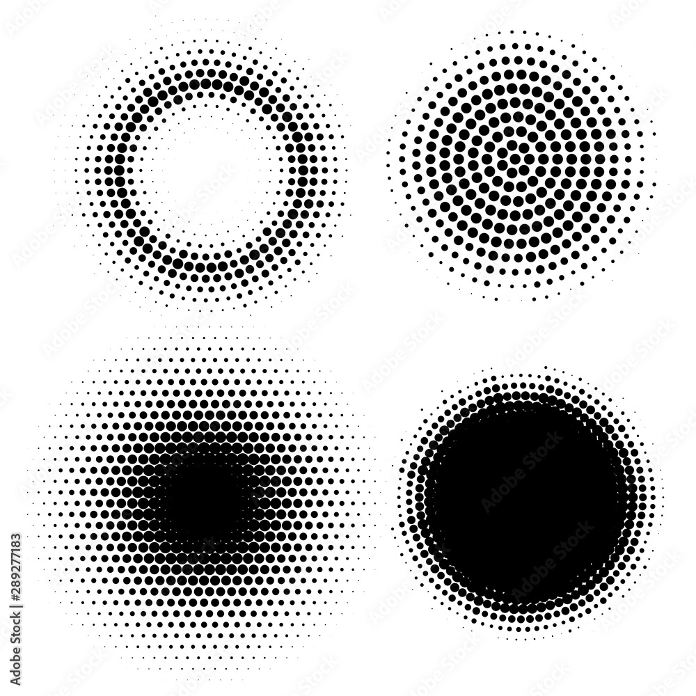 Halftone effect circles. Vector set of abstract graphic digital dotted elements