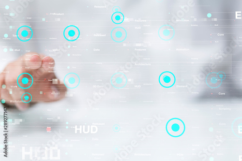 Businessman pressing document icon over computer binary code