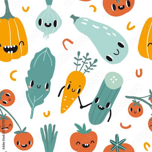Seamless pattern with cartoon smile vegetable characters
