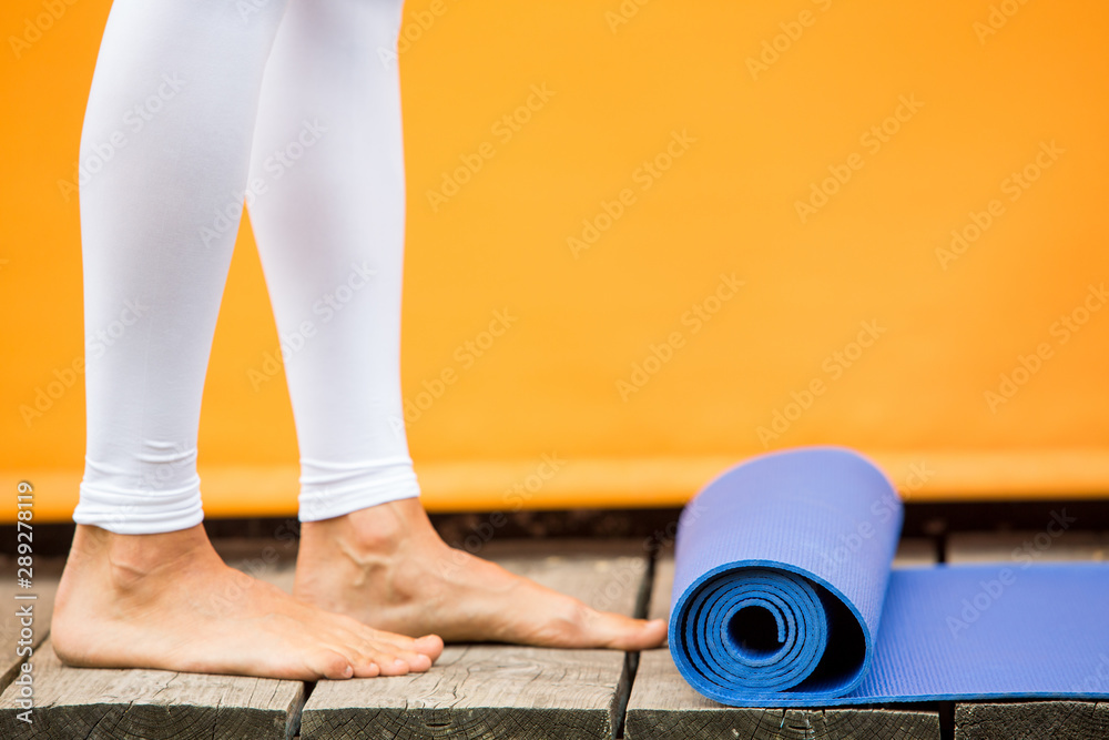 Sporty yoga girl with yoga mat wearing sport clothes over orange background  Stock Photo | Adobe Stock