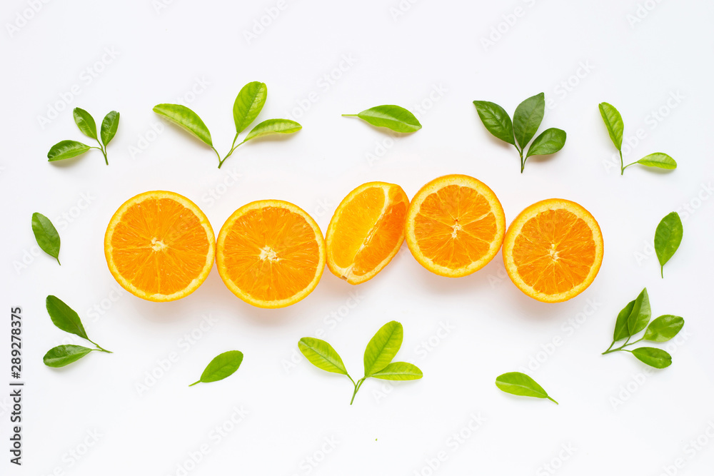 High vitamin C. Fresh orange citrus fruit with leaves isolated on white. High vitamin C. Fresh orange citrus fruit with leaves isolated on white.