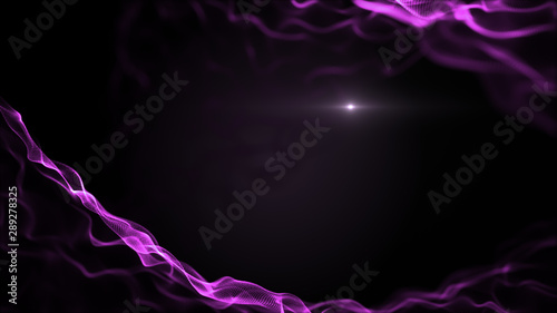 Abstract fluid, liquid background. Bright violet, purple shapes on black backdrop. Light blurred white blick is inside the waves.