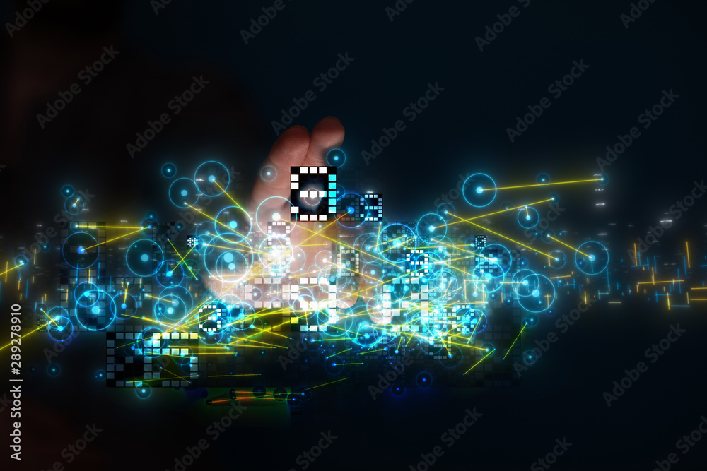 Businessman pressing document icon over computer binary code Businessman pressing document icon over computer binary code