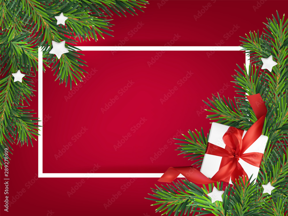 Merry Christmas red background vector illustration, with a Mesh gift box and white wooden stars. Christmas Greeting Card with place for text