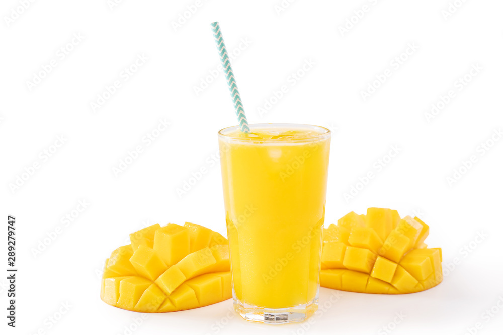 Fresh tropical mango juice with beautiful diced pulp and striped paper  straw isolated on white background table, close up, cut out, clipping path.  Stock Photo | Adobe Stock