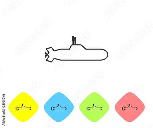 Grey line Submarine icon isolated on white background. Military ship. Set icons in color rhombus buttons. Vector Illustration photo