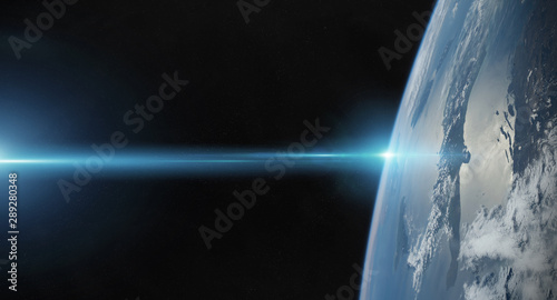 Fototapeta Naklejka Na Ścianę i Meble -  View of planet Earth close up with atmosphere during a sunrise 3D rendering elements of this image furnished by NASA