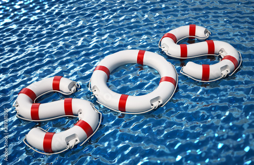 Quadro su tela SOS word formed with life buoys on the sea. 3D illustration