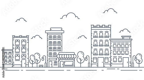 City skyline in line art style  Landscape with houses  trees and clouds in white background for real estate and property banner