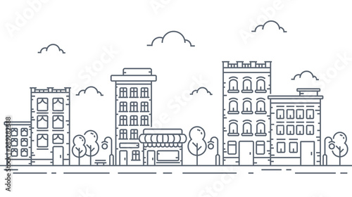 City skyline in line art style, Landscape with houses, trees and clouds in white background for real estate and property banner