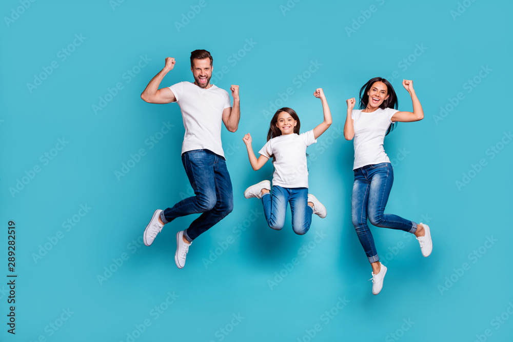 Full length body size photo of funny funky trendy lucky fortunate family triumphing while isolated with blue background - obrazy, fototapety, plakaty 