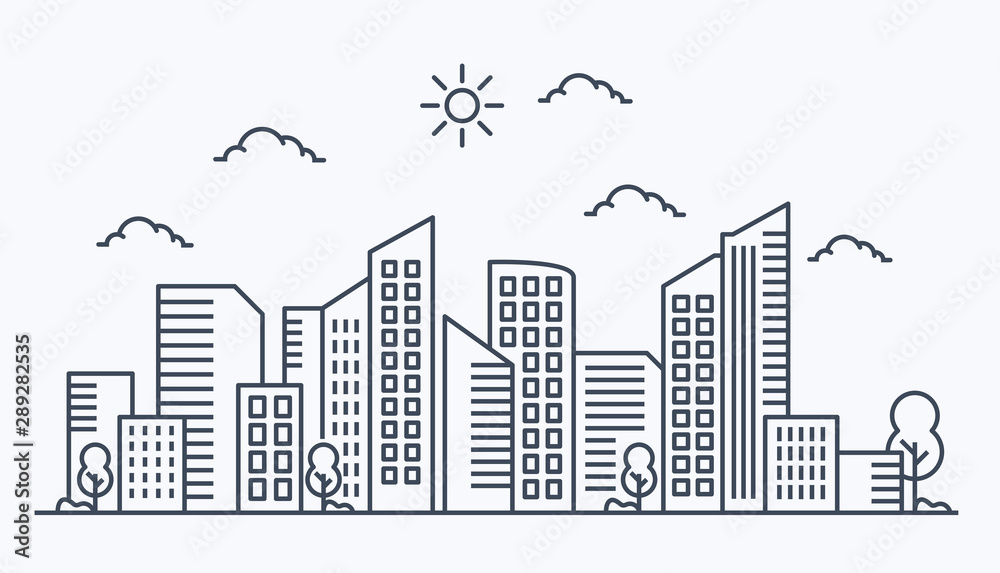 Thin line style city panorama on white background. Outline cityscape. Horizontal panorama. Vector illustration