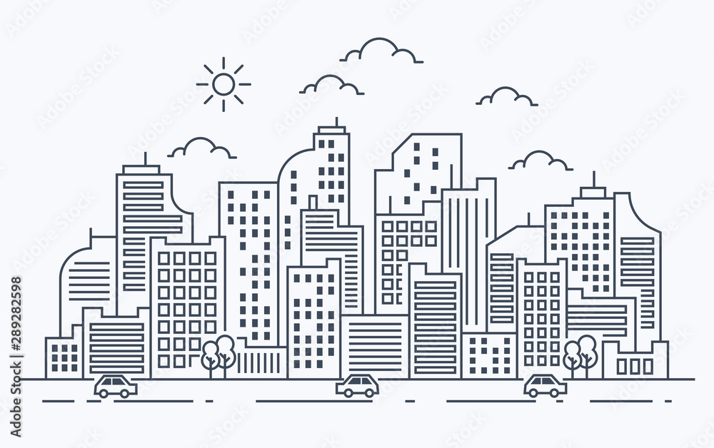 Illustration of urban landscape with cars on white background