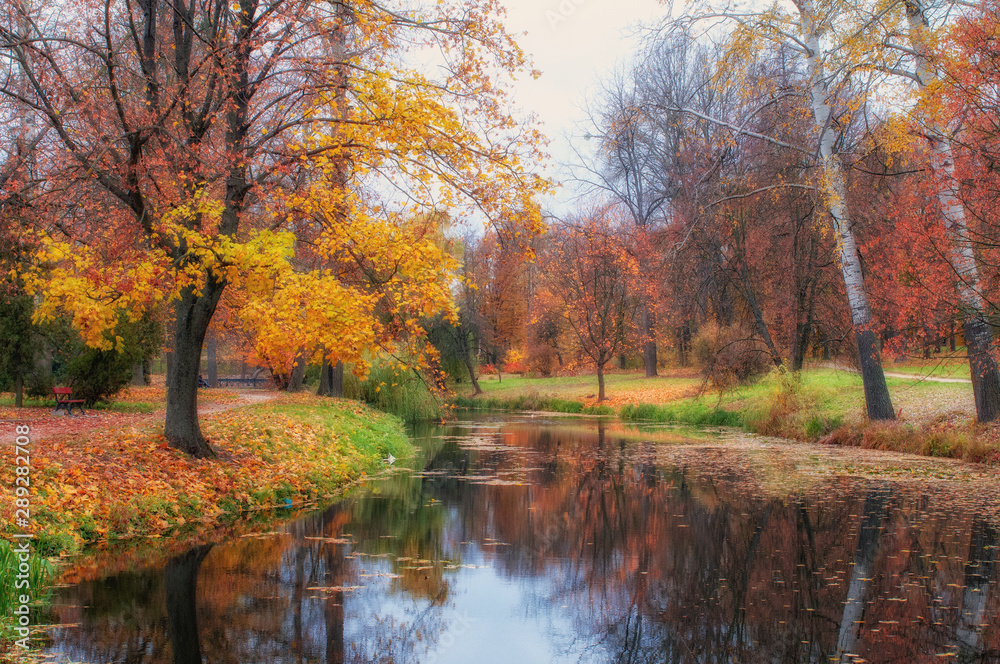 Autumn scenery with colored trees reflected in the river, Arboretum Oleksandriya, Bila Tserkva, Ukraine Autumn scenery with colored trees reflected in the river, Arboretum Oleksandriya, Bila Tserkva, Ukraine
