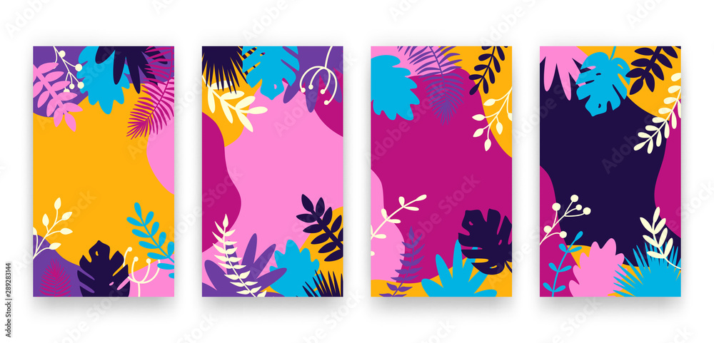 Vector set of modern abstract summer backgrounds with monstera and palm ...