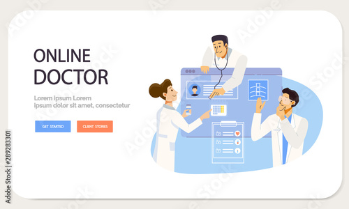 Online doctor Landing page template. Medical consultation service by Internet. Medicine and Healthcare Concept in flat style