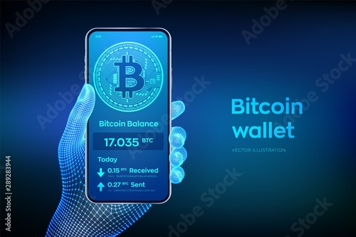 Bitcoin wallet interface on smartphone screen. Cryptocurrency payments and blockchain technology based digital money concept. Closeup mobile phone in wireframe hand. Vector illustration.