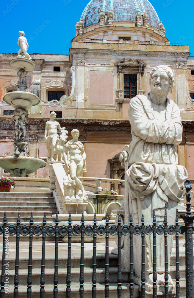 Palermo, Italy - May 25 2013: Piazza Pretoria Square Statues