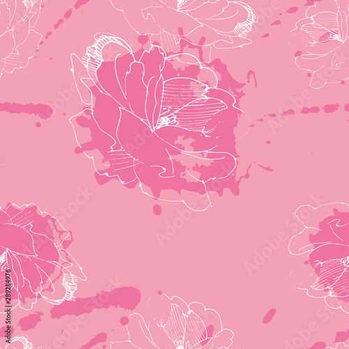 Vector seamless pattern of roses, graphic drawing ink and pen.