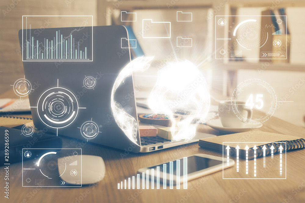 Forex market graph hologram and personal computer on background. Double exposure. Concept of investment. Forex market graph hologram and personal computer on background. Double exposure. Concept of investment.