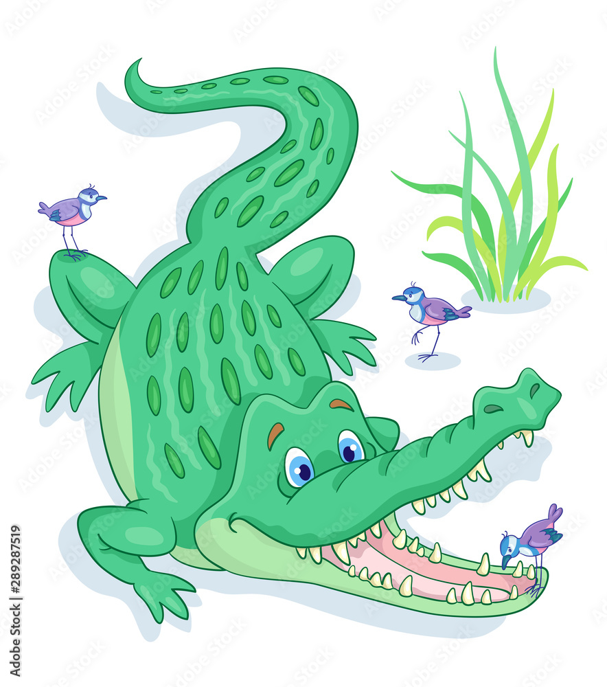 A large green crocodile and three small birds. One of the birds is brushing a crocodile’s teeth. In cartoon style. Isolated on white background. A large green crocodile and three small birds. One of the birds is brushing a crocodile’s teeth. In cartoon style. Isolated on white background.