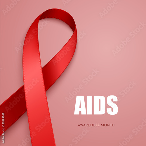 Realistic red ribbon. Symbol of AIDS, blood cancer, cardiomyopathy, hemophilia awareness