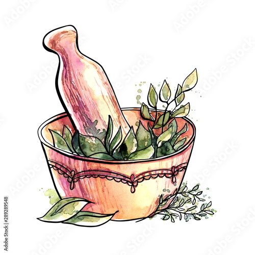 Vector hand drawn illustration of an Ayurveda mortar with herbs and leaves. Black ink outline and bright isolated watercolor texture on white background. Spa, traditional indian health and body care
