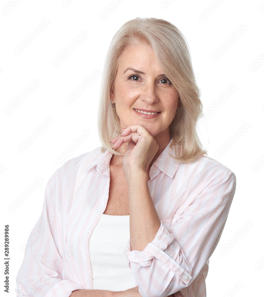 Portrait of happy aged woman over white background Portrait of happy aged woman over white background