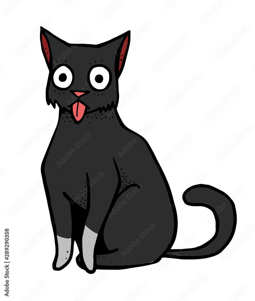 The black cat sitting with stick out tongue. Cartoon illustration.