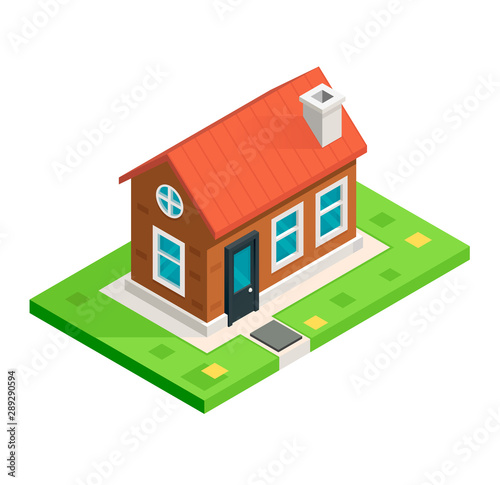 Beautiful small isometric house on green ground. Property, real estate, construction and rent concept. With transparency.