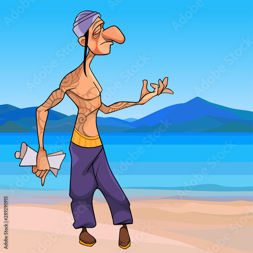 cartoon male yogi walks along the seashore and composes