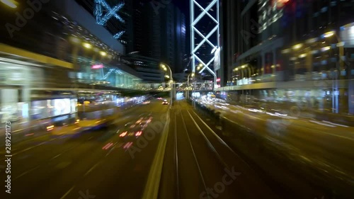 futuristic cityscape, city life Pov night driving hyperlapse through Hong Kong business district. Drive pov modern highway timelapse/hyperlapse night. photo