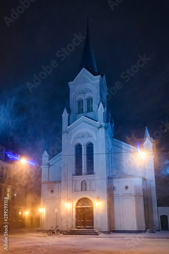 Church at winter snowy night