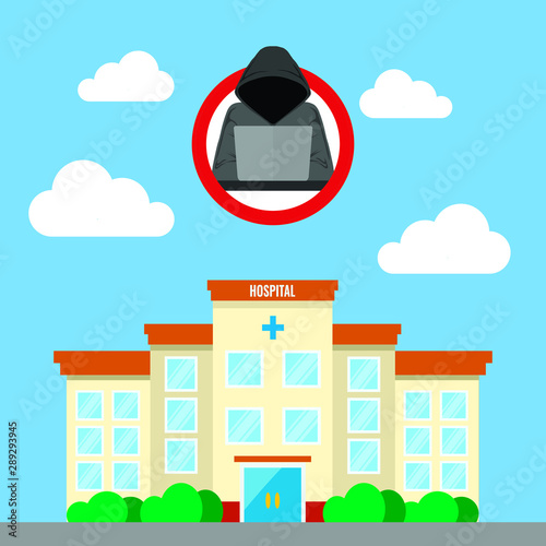 Vector illustration of cyber security threats at hospital. Malware,  ransomware attack, data breach in healthcare systems. Hipaa compliance vulnerability.