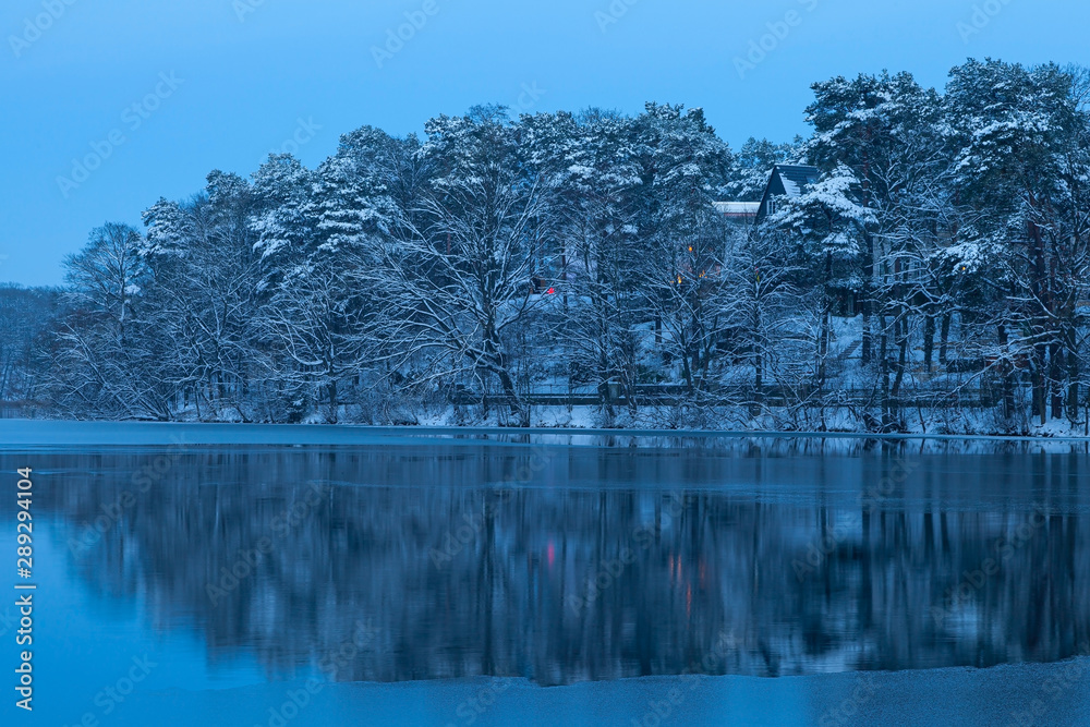 Verschneiter Kiefernwald mit weihnachtlichen Lichtern und See mit Seeufer im Vordergrund Verschneiter Kiefernwald mit weihnachtlichen Lichtern und See mit Seeufer im Vordergrund