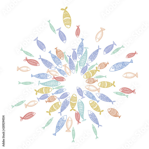 Vector set of stylized fish. Collection of cartoon fish. Illustration for children. A flock of colored fish floating in a circle.