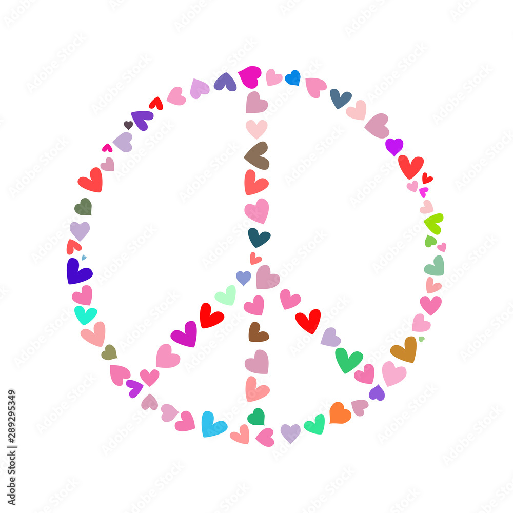 Symbol of peace made up of hearts. Isolated vector illustration.