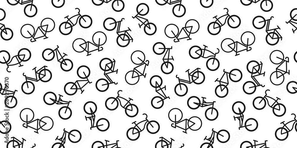Bike seamless pattern, isolated on white. Retro, road, female, dirt and other bikes. Vintage bicycle background. Black flat style bikes vector illustration. Bike seamless pattern, isolated on white. Retro, road, female, dirt and other bikes. Vintage bicycle background. Black flat style bikes vector illustration.