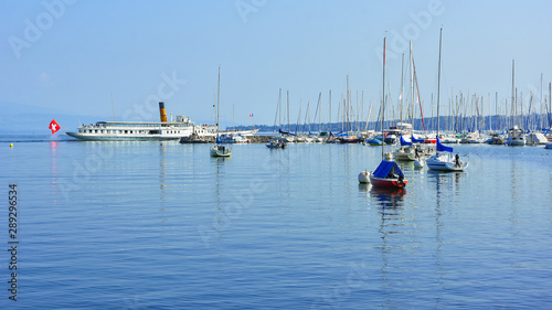 Beautiful panorama of Leman lake and marina in Geneva harbor, Switzerland