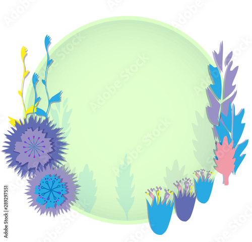 Isolated on white vector cutout circle invitation or greeting card template with flowers of harebell and knapweed