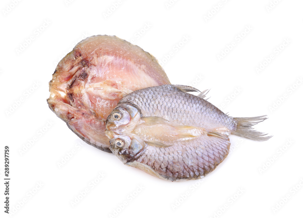 dried (one-sun) marinated and butterfly silver barb on white background dried (one-sun) marinated and butterfly silver barb on white background