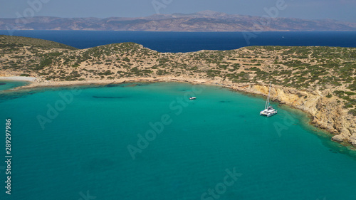 Fototapeta Naklejka Na Ścianę i Meble -  Aerial drone photo of turquoise paradise beach of Detis in Kato Koufonisi island, Small Cyclades, Greece