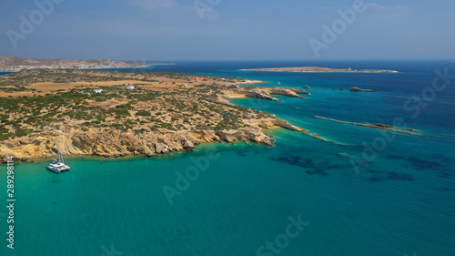 Aerial drone photo of turquoise paradise beach of Detis in Kato Koufonisi island, Small Cyclades, Greece